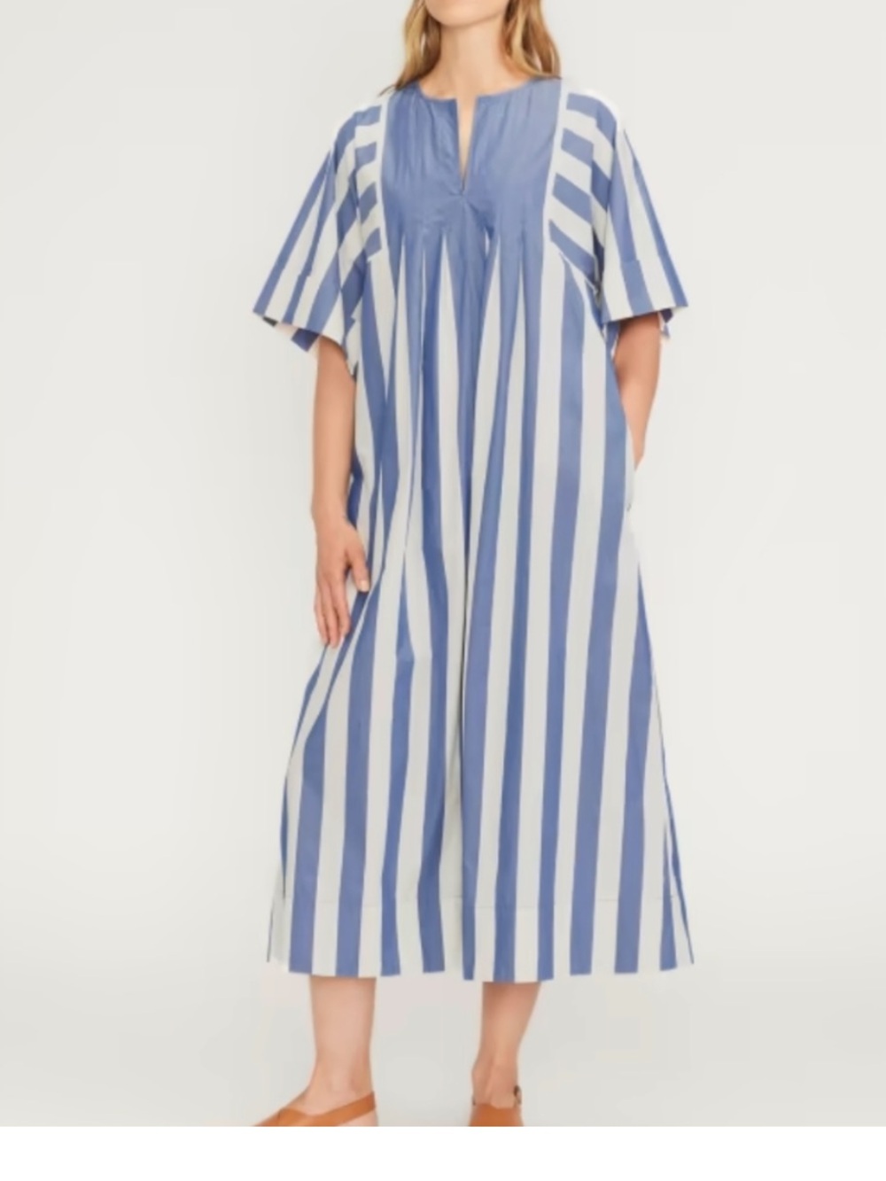 Everlane Blue White Striped poplin maxi caftan with pleats nwt m has pockets - Picture 1 of 13